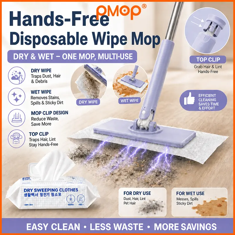 PMOP 2026 – balai à lingettes jetables avec dépoussiérage électrostatique, remplacement du papier en un clic, sans lavage, usage humide et sec pour murs et sols de salle de bains et maison