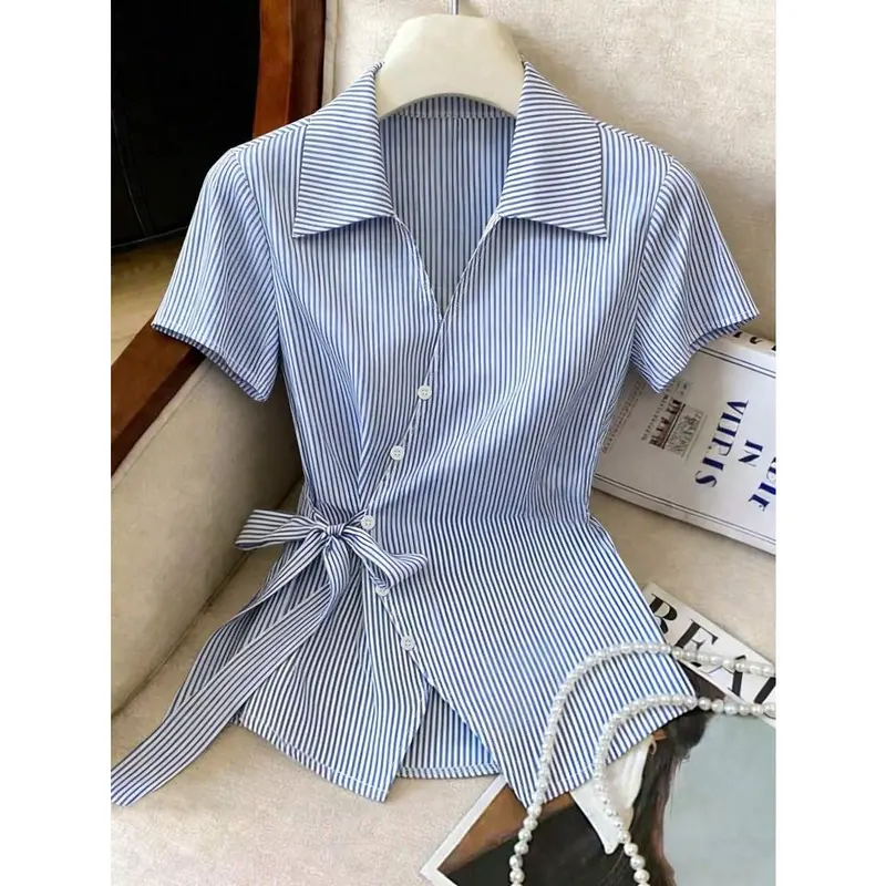 Elegant Blue And White Stripe Women Shirt,Summer Asymmetrical Tie Waist Turndown Collar Blouse,Business Professional Work Tops For Brunch,Stylish