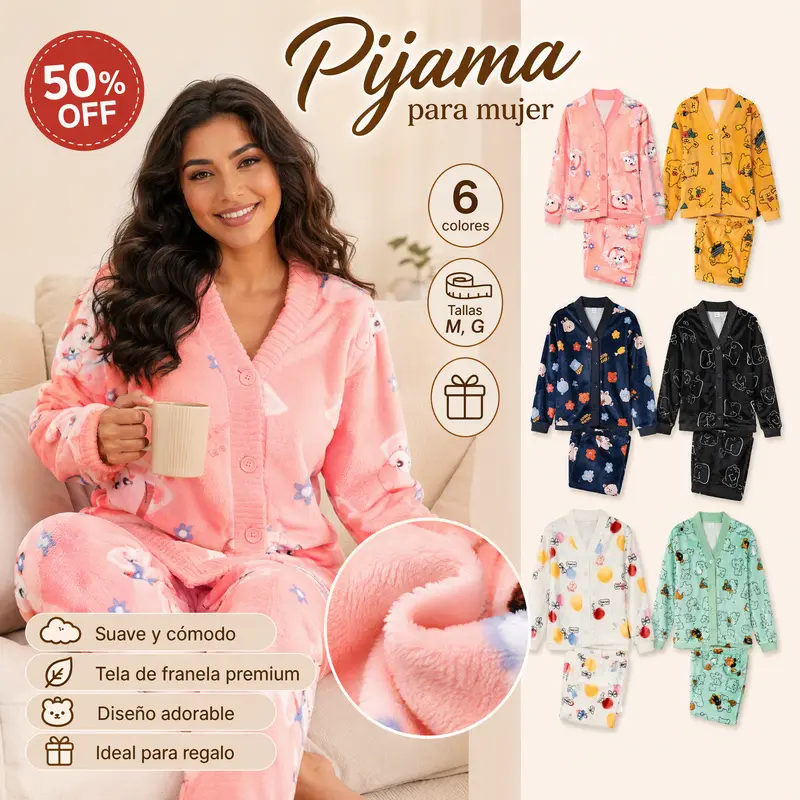 Pyjama femme 2 pièces en flanelle douce, manches longues boutonnées, imprimé kawaii, chaud pour l’hiver, 6 coloris, tailles M et G, offre à -50 %