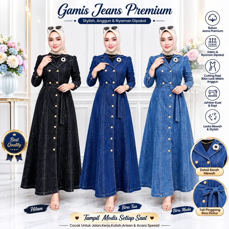 Women's Premium Denim Gamis Dress with Front Buttons, Belt and Flared Skirt