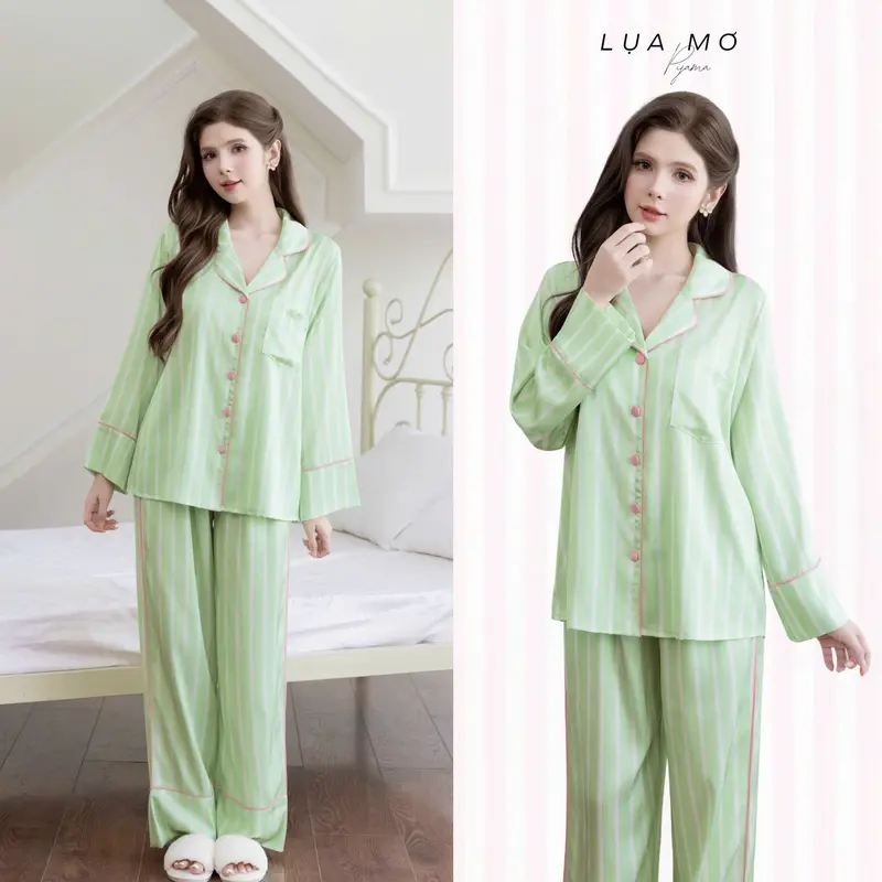 Pijama Tiểu Thư Tay Dài Họa Tiết Dễ Thương Phối Viền Nút Bọc Lụa Có Túi Vải Lụa Latin Cao Cấp - Đồ bộ Lụa Mơ LM314