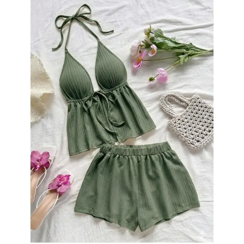 Lisa Ribbed Tie-Front Top and Loose Shorts Set for Summer