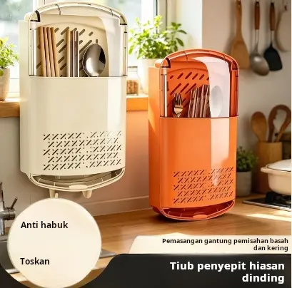 Tempat Penyimpanan Sumpit dan Sendok Tempel Dinding Serbaguna dengan Penutup Antidebu dan Nampan Peniris Air, Diskon 50% — Produk Penyimpanan Terlaris 2026