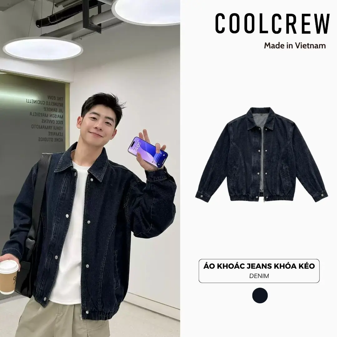 COOLCREW AKD172 Unisex Oversized Denim Jacket with Zip Front and Turn-Down Collar, Thick Denim, Korean Style