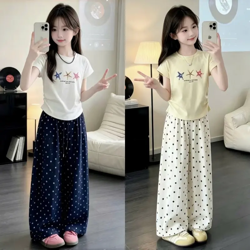 여아용 도트 긴바지·별 3개 프린트 상의 세트, 2가지 색상, 14~44kg, 등교·외출용