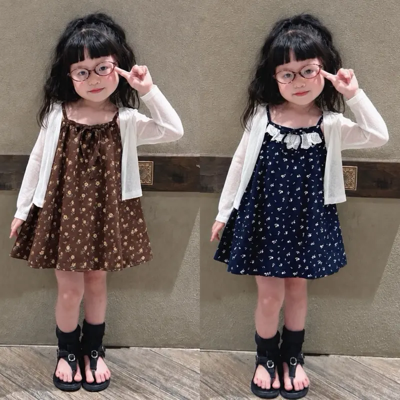 Mekembean 女の子用小花柄ベビードールドレス＆薄手の長袖カーディガン 2点セット