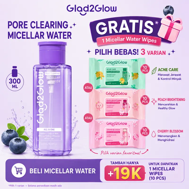 【Only+19K Dapat Wipe】Glad2Glow 2in1 Micellar Set-Buy Micellar Water【Deep Pore/ Brightening/ Sensitive/ VC / Acne/ Cleansing Oil/ Makeup Romover/ Cleansing Blam】 +19k Get Micellar Wipe【Mugwort Acne/ Peach Brightening/ Cherry Blossom】