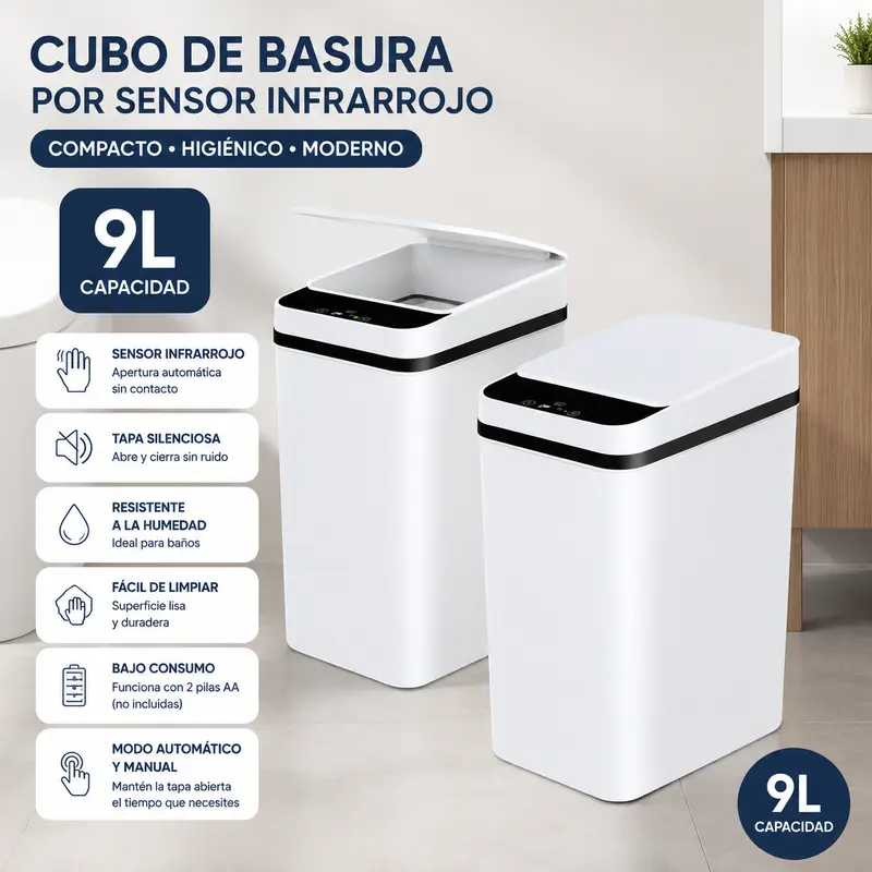 Bote de basura automático 2-pack, cubos de 9 L con sensor de movimiento, tapa hermética y diseño delgado para baño y cocina, ideal para espacios pequeños