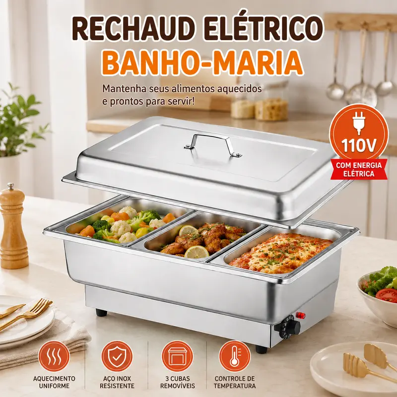 Prasmanan Pemanas Elektrik Profesional Stainless Steel 12 L 110 V dengan 1, 2, atau 3 Sekat untuk Buffet, Pesta, dan Restoran, Pemanas Bain-Marie