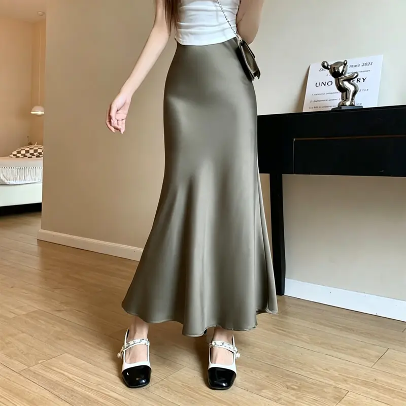8807 Women's French-Style Acetate Satin Midi Skirt, Summer 2026 A-Line Fishtail Bodycon Design