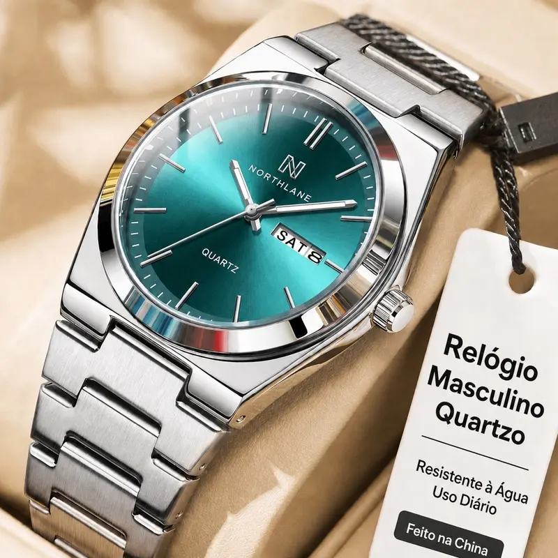 Relógio Masculino Quartz em Aço Inoxidável Mostrador com Dia e Data Resistente à Água Uso Diário Pulseira Metálica Estilo Casual