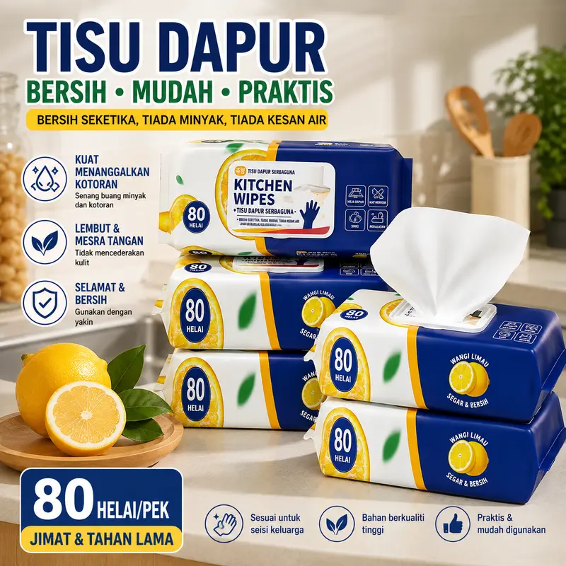 Lingettes humides épaisses multiusages pour la cuisine, 80 feuilles jetables, pour nettoyer graisse et saletés sur plans de travail, évier, cuisinière, réfrigérateur, four et ustensiles ; douces, adaptées aux mères, aux bébés et aux animaux de compagnie