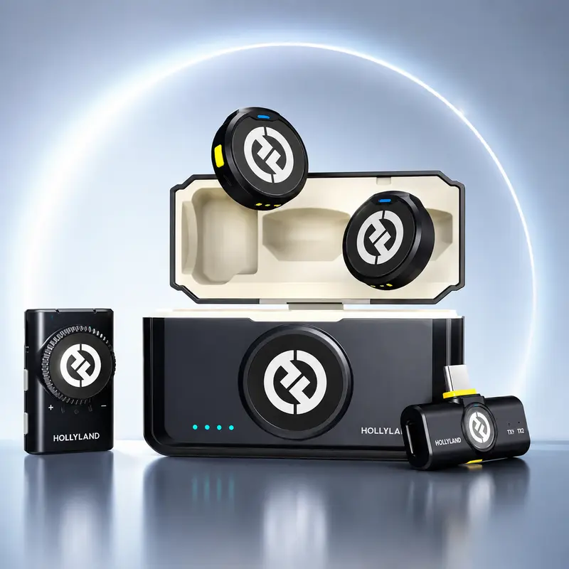 Micrófono de solapa inalámbrico Hollyland Lark M2 con cancelación de ruido, audio Hi-Fi, batería de 30 h y conexión USB-C, Lightning y para cámara