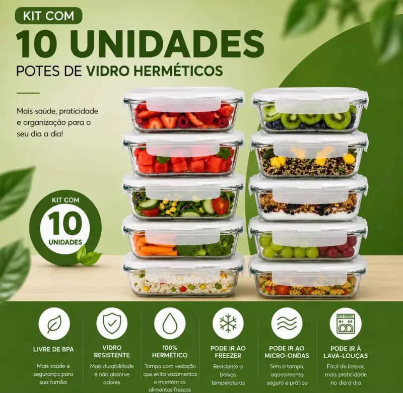 Kit 10 Potes Herméticos De Vidro 640ml Haushop Tampa Vedação Firme Para Geladeira E Despensa Organização Da Cozinha