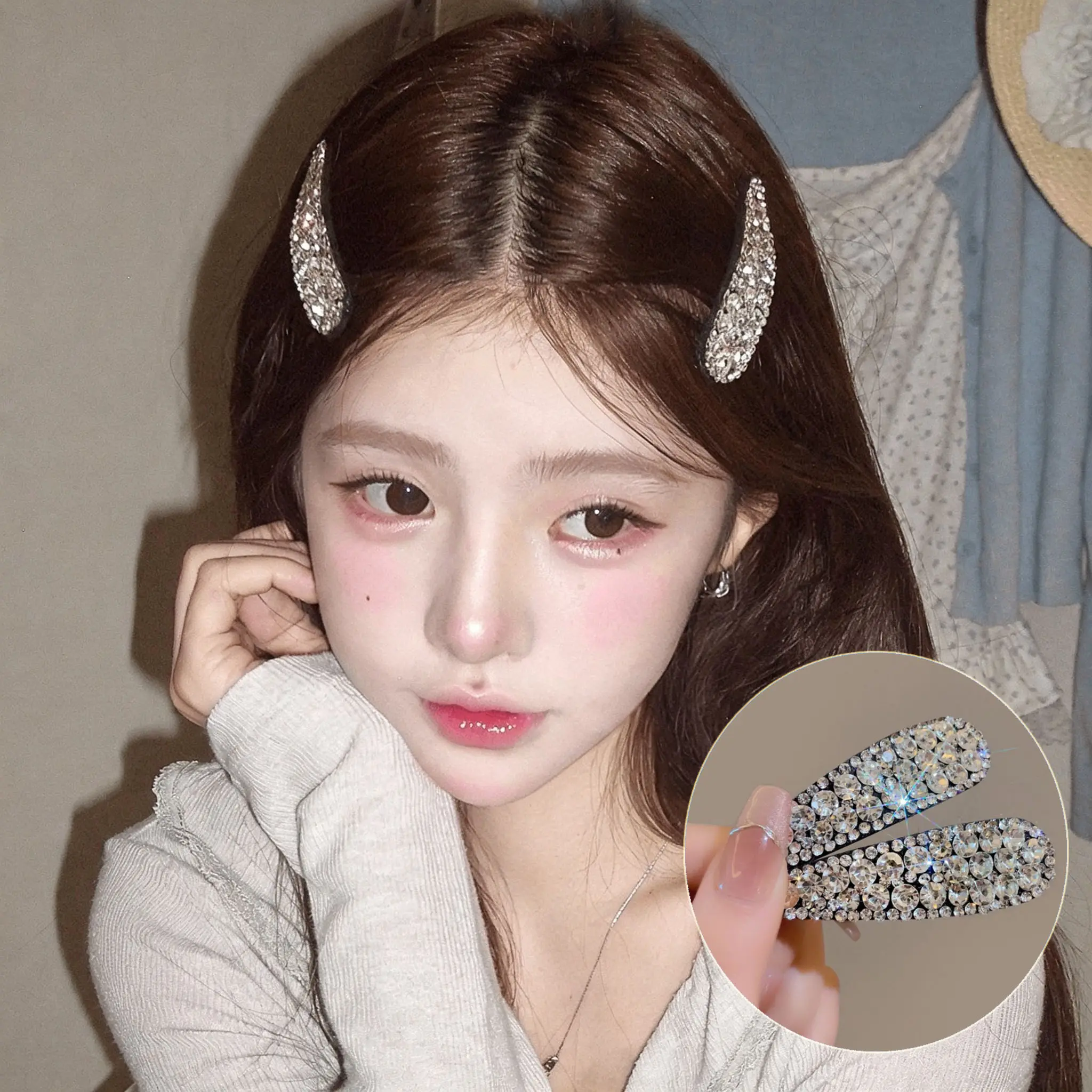 반짝이는 물방울 큐빅 헤어핀, 고급스러운 K-Pop 스타일 앞머리·옆머리 집게핀