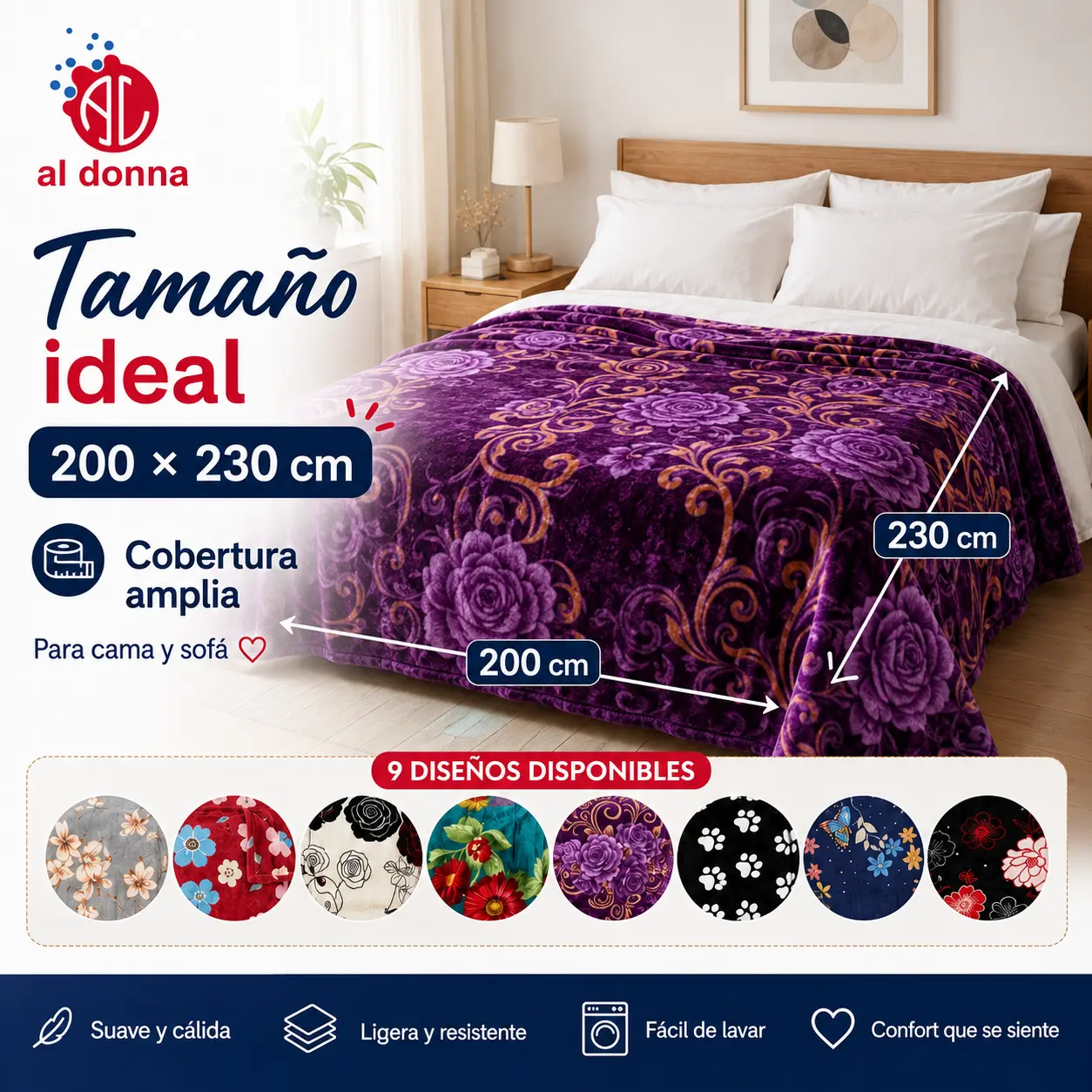 Al Donna Printed Blanket, 200 × 230cm, 850g, Soft and Warm, Assorted Designs