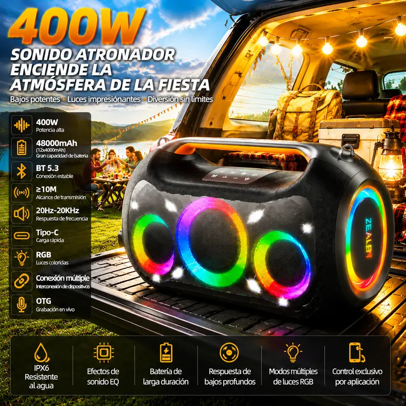 【ZEALOT】ZE51 Bocina Portátil 400W Alta Potencia,Parlante Inalámbrico Bluetooth 5.3 con Sonido Envolvente 360°,Luces RGB Sincronizadas con Música,Batería 48000mAh,Efectos EQ,Función TWS Multi-dispositivo,Soporte Grabación OTG,Carga Rápida Bidireccional para Fiestas, Camping y Reuniones al Aire Libre
