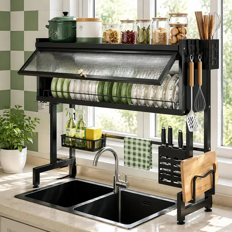 Over-Sink Dish Drying Rack Cabinet with Protective Cover, 80 cm or 95 cm