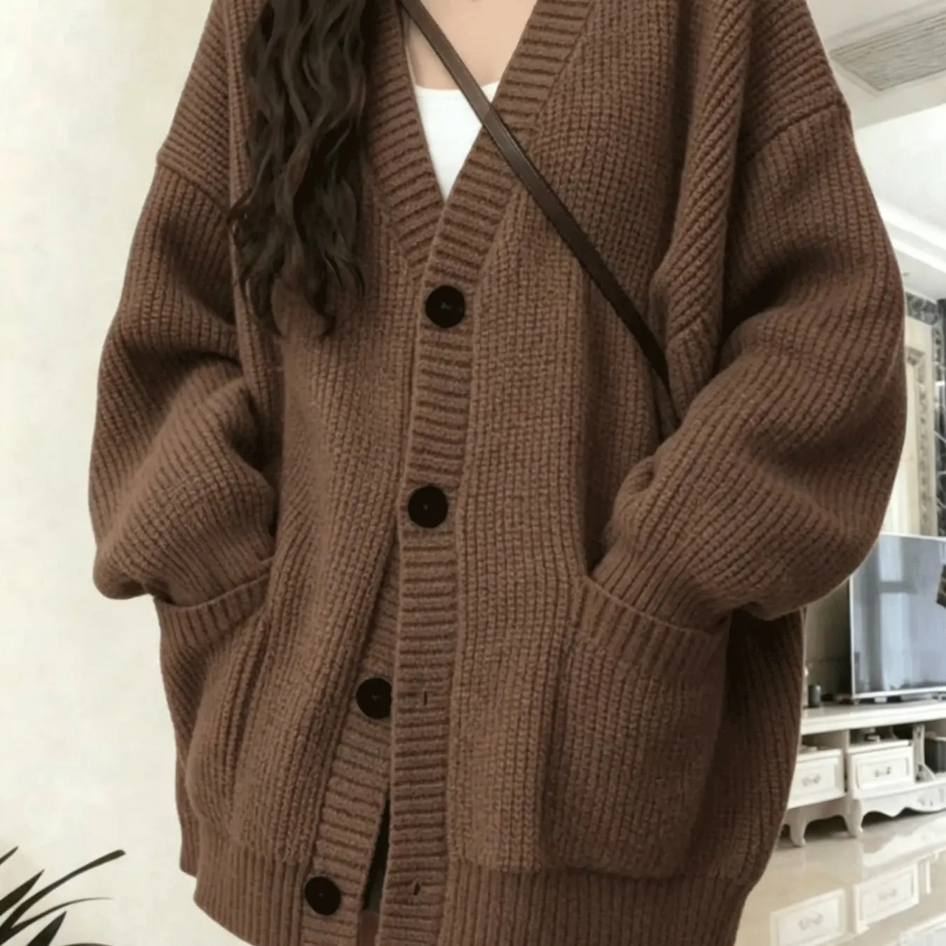 Women's Loose-Fit V-Neck Cardigan with Long Sleeves, Buckle Closure and Pockets, Multiple Colors