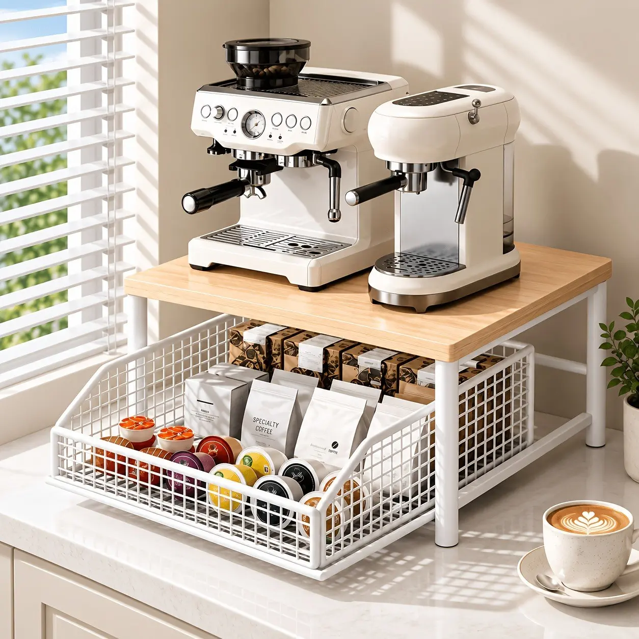 1Pcs Kitchen Countertop Organizer With Metal Drawer, Microwave Oven Stand Counter Riser Shelf, Spice Storage Rack With Pull‑Out Drawer, Sturdy Wood‑Metal Construction, Modern Black & White Design for Microwave, Coffee Maker, Tableware