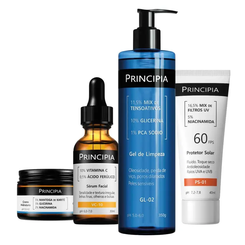 Kit Essencial Glow Principia para tratamento antienvelhecimento, manchas e linhas de expressão, GL-02 + CH + VC + PS