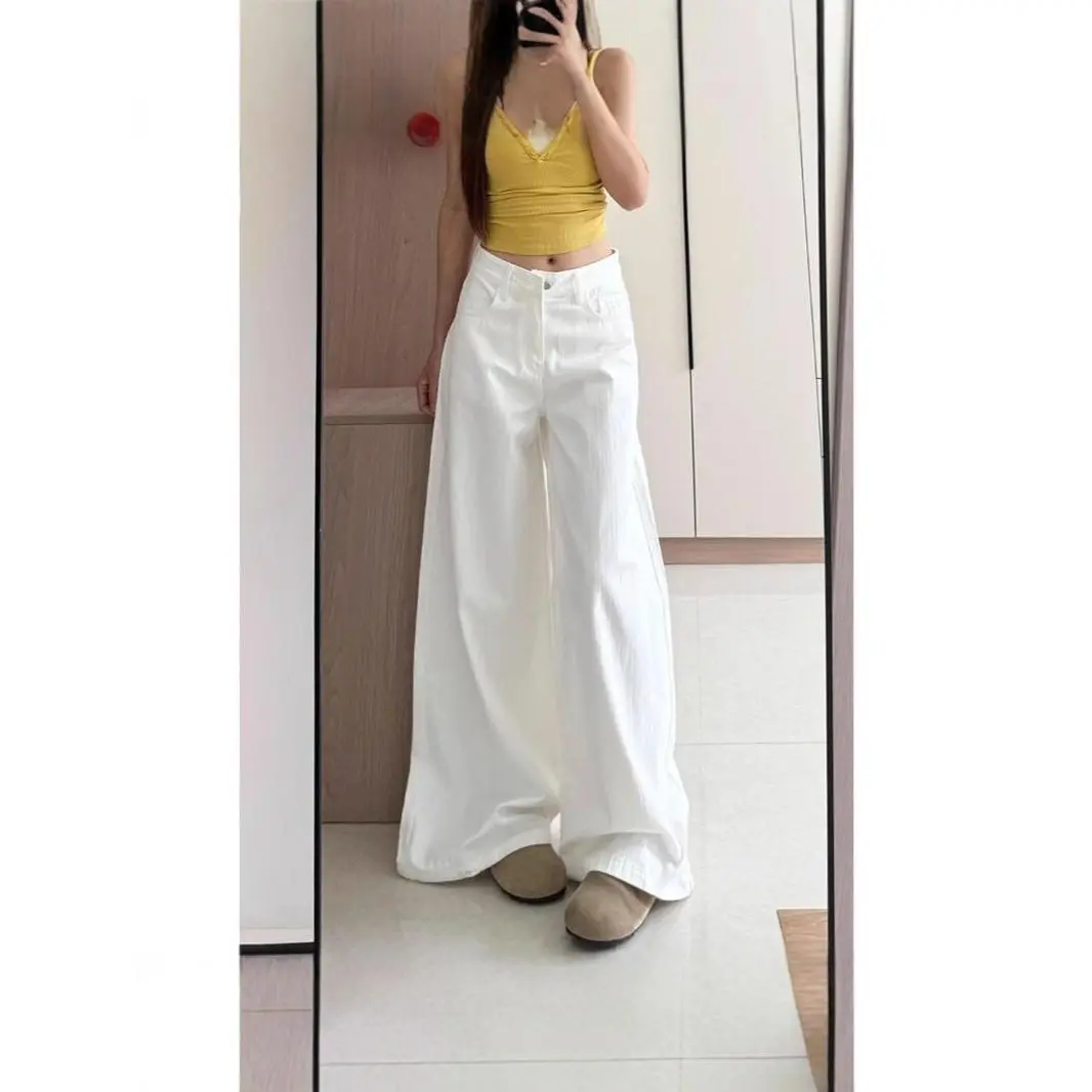 Women's Vintage Textured White Jeans, High-Waisted Loose Fit with Floor-Length Straight Legs