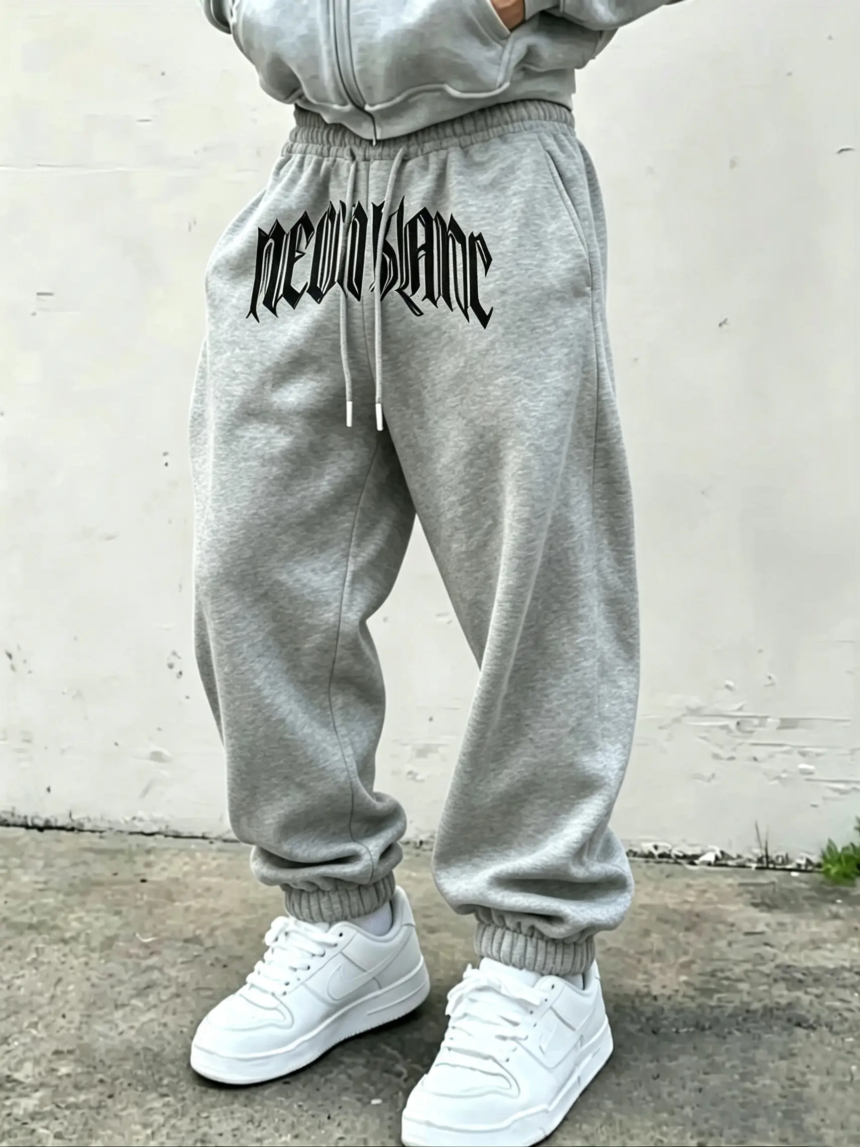 Hombre 006 Men’s Casual Wide-Leg Sweatpants with Letter Print, Adjustable Drawstring, Relaxed Fit, All-Season Matching Trousers