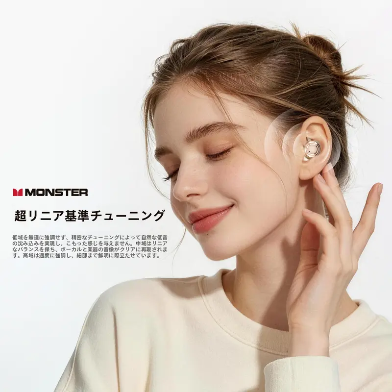 Monster A08 睡眠用ワイヤレスイヤホン 横向きでも圧迫しない ANCアクティブノイズキャンセリング ホワイトノイズ内蔵 Bluetooth6.0 防水・防汗 通勤／スポーツ兼用