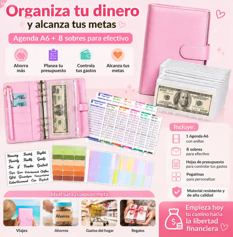 A6 Magnetic Budget Binder with 6-Ring Envelopes, Portable Faux Leather Cash and Savings Organizer, Compatible with A6 Refills