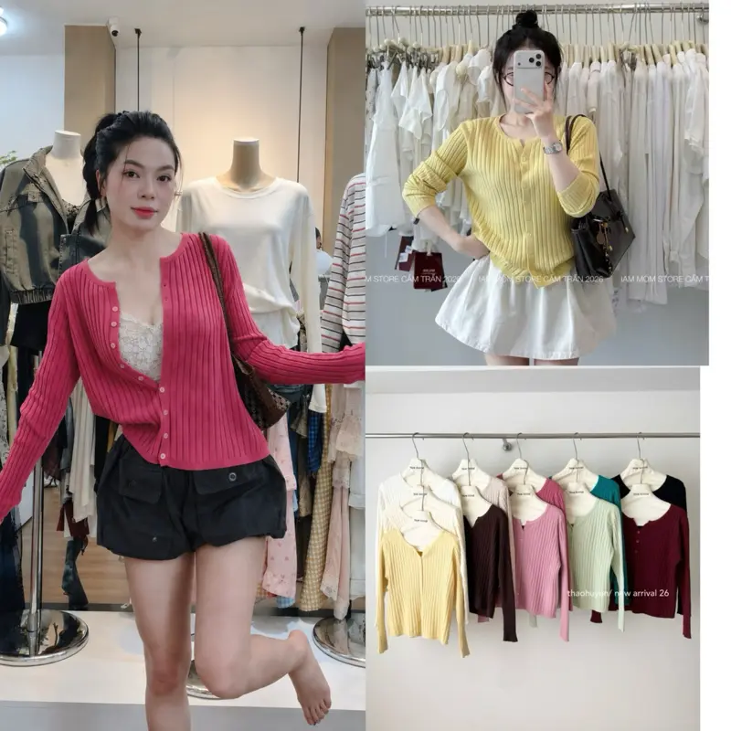 M.6853 Basic Ribbed Button-Front Cardigan, Multiple Colours, [HÀNG QC]