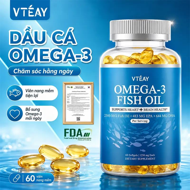 VTEAY Omega-3鱼油 2500mg，含EPA 483mg和DHA 644mg，支持心血管与大脑健康，60粒易吞软胶囊，FDA正品