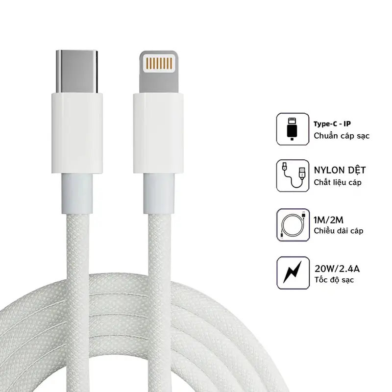 20-W-Schnellladekabel Type-C für IP, 1 m/2 m, 5-adrig, mit geflochtener Ummantelung – robustes Ladekabel gegen Kabelbruch, zum Schnellladen und zur Datenübertragung, ohne Netzteil