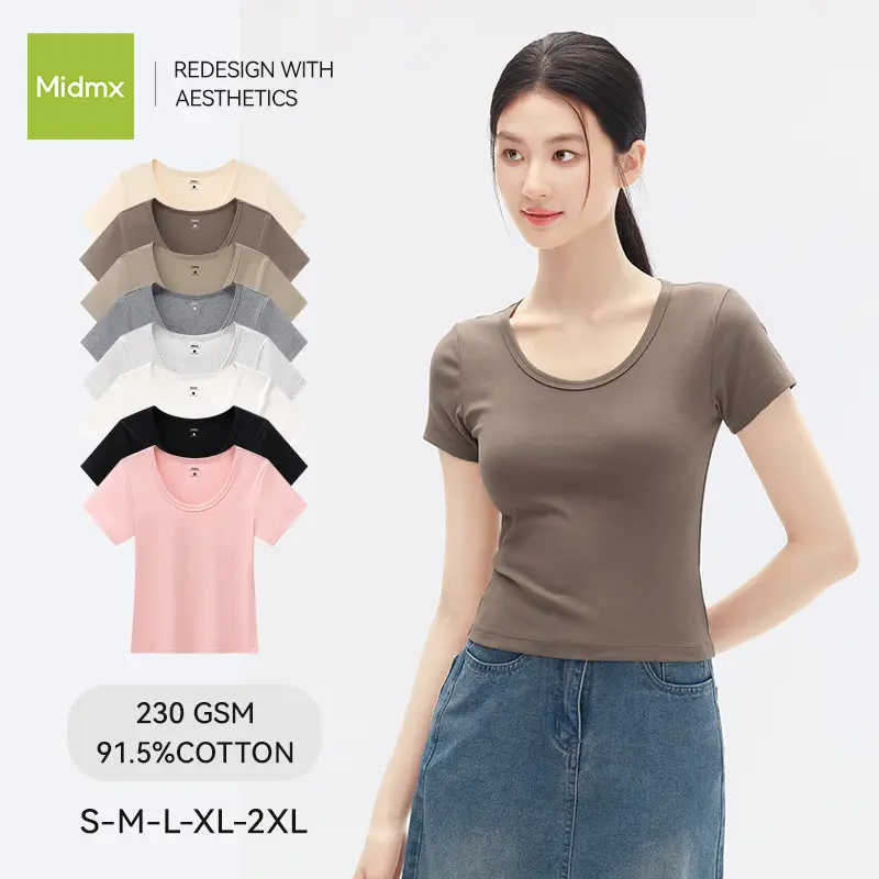 T-shirt femme ajusté Midmx à col U, haut extensible en coton et élasthanne, épaules droites, coupe décontractée
