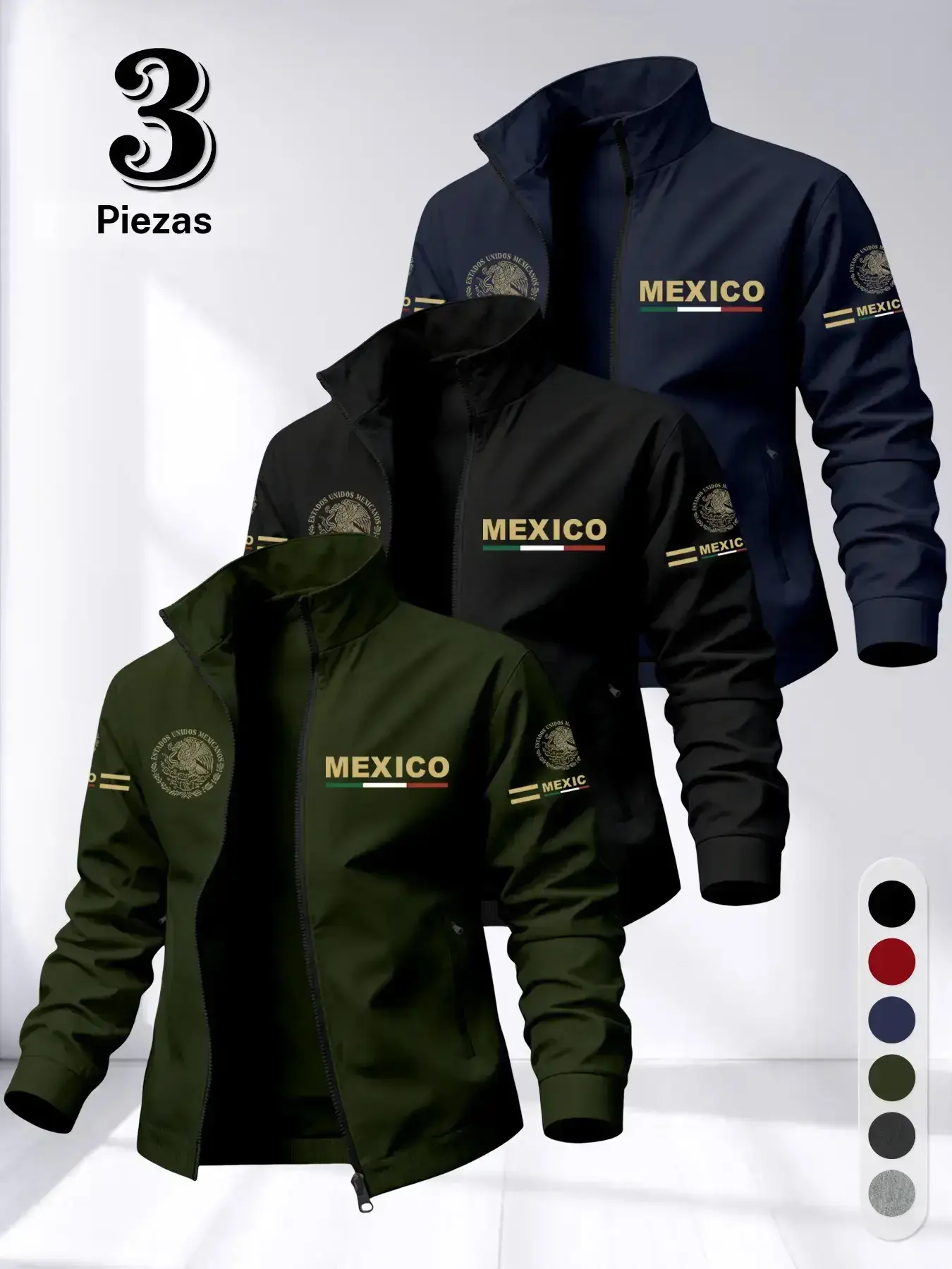 Men's High-Collar Jacket with Mexico Flag Print, Zip Pockets and Smooth Fabric, Casual Spring and Autumn Style