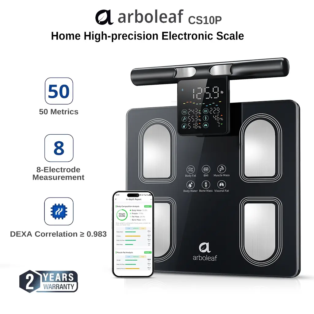 Timbangan lemak tubuh pintar Arboleaf dengan 8 elektroda, monitor lemak dan berat badan via Bluetooth, timbangan komposisi tubuh 50 fungsi CS10P