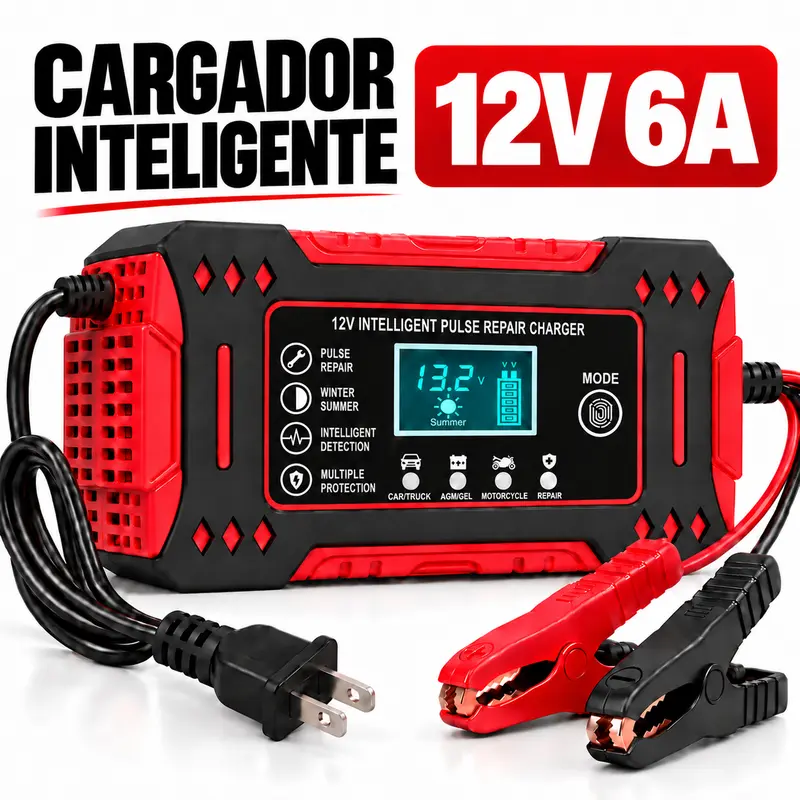 12V 6A智能充电器，带LCD显示屏，适用于汽车和摩托车蓄电池