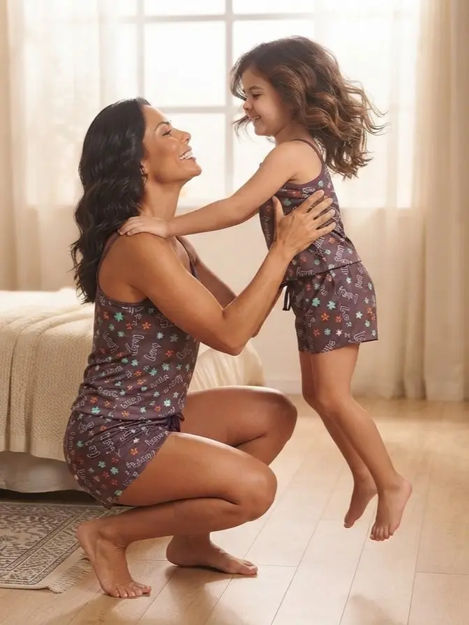 Matching Mother and Daughter Pajama Set with Cute Cartoon Character Print