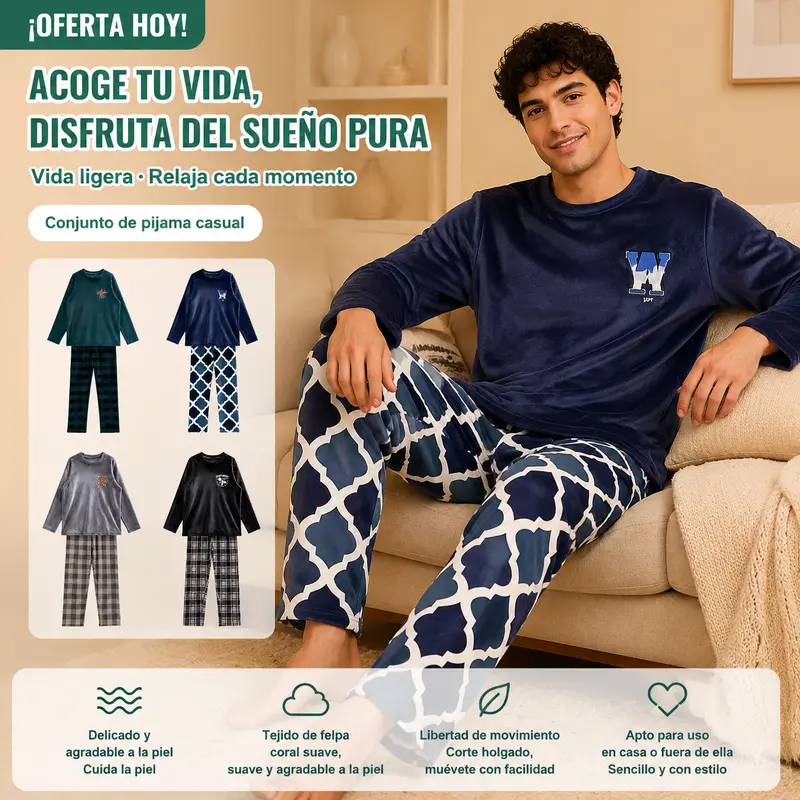 Bộ đồ ngủ nam vải coral fleece giữ ấm, áo dài tay và quần kẻ caro, phù hợp cho buổi tối thư giãn và ngày lạnh
