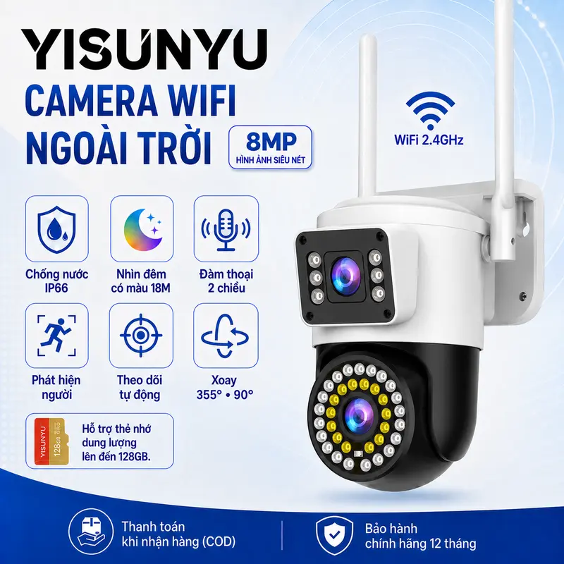 Caméra de surveillance extérieure Wi-Fi YISUNYU, 36+6 LED, audio bidirectionnel, détection de personnes, rotation à 360°, vision nocturne