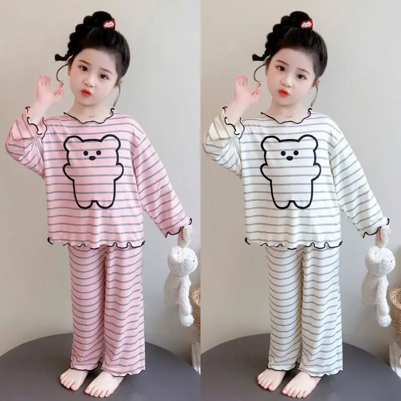 Bộ Đồ Thu  Đông Cho Bé Gái Chất  Thun Tăm In Hoạ Tiết Kẻ Sọc Hinh Gấu Đáng Yêu Size Từ 9-35Kg