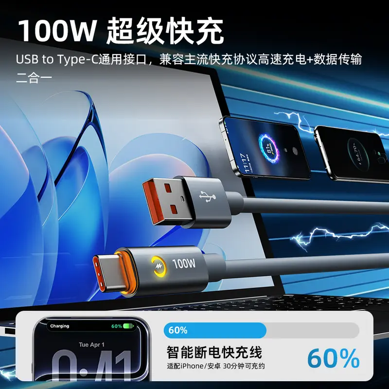 100W Temperature-Controlled USB-C Fast-Charging Cable with Automatic Power-Off, Compatible with Apple, Samsung, Oppo and Android Phones and Tablets