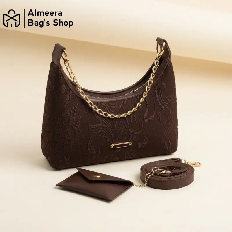 Almeera Luna Mini Lace Handbag and PU Shoulder Bag with Chain, Free Small Wallet and Bag Strap