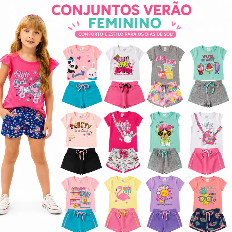 Kit 10 Peças de Conjuntos Infantis 5 Conjuntos Femininos Verão Blusa e Short Menina 1 ao 14 Confortável e Leve para Dia a Dia