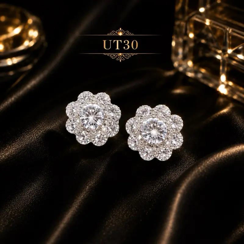 UT30 - Pendientes de flores brillantes y elegantes con piedras relucientes, estilo moderno, apariencia de oro de 14 quilates