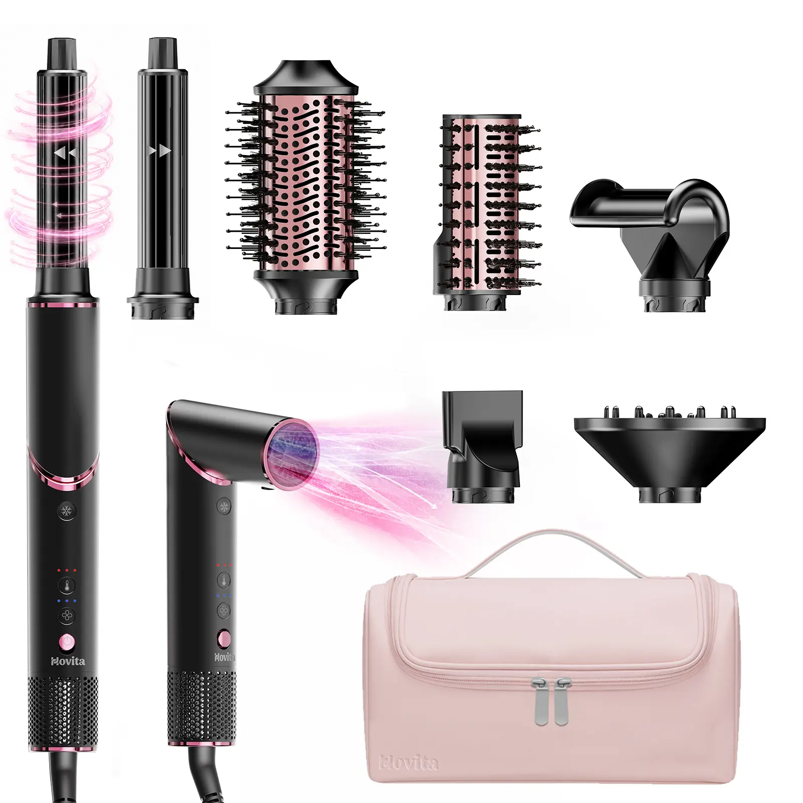 HOVITA 8-in-1 다기능 헤어 드라이어 브러시 1500W, 음이온 기술·부스스함 완화·볼륨 및 윤기 연출·휴대용 가방 포함