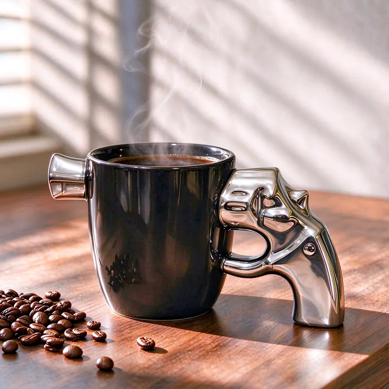 310ml Ceramic Coffee Mug with Pistol-Shaped Handle, Decorative Novelty Gift for Men or Friends