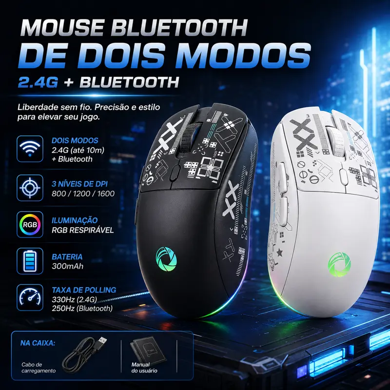 Uniwity  Mouse Sem Fio Dual Mode Bluetooth + 2.4G, Recarregável com Luz RGB, Design Estampado, 6 Botões para Notebook e PC Gamer