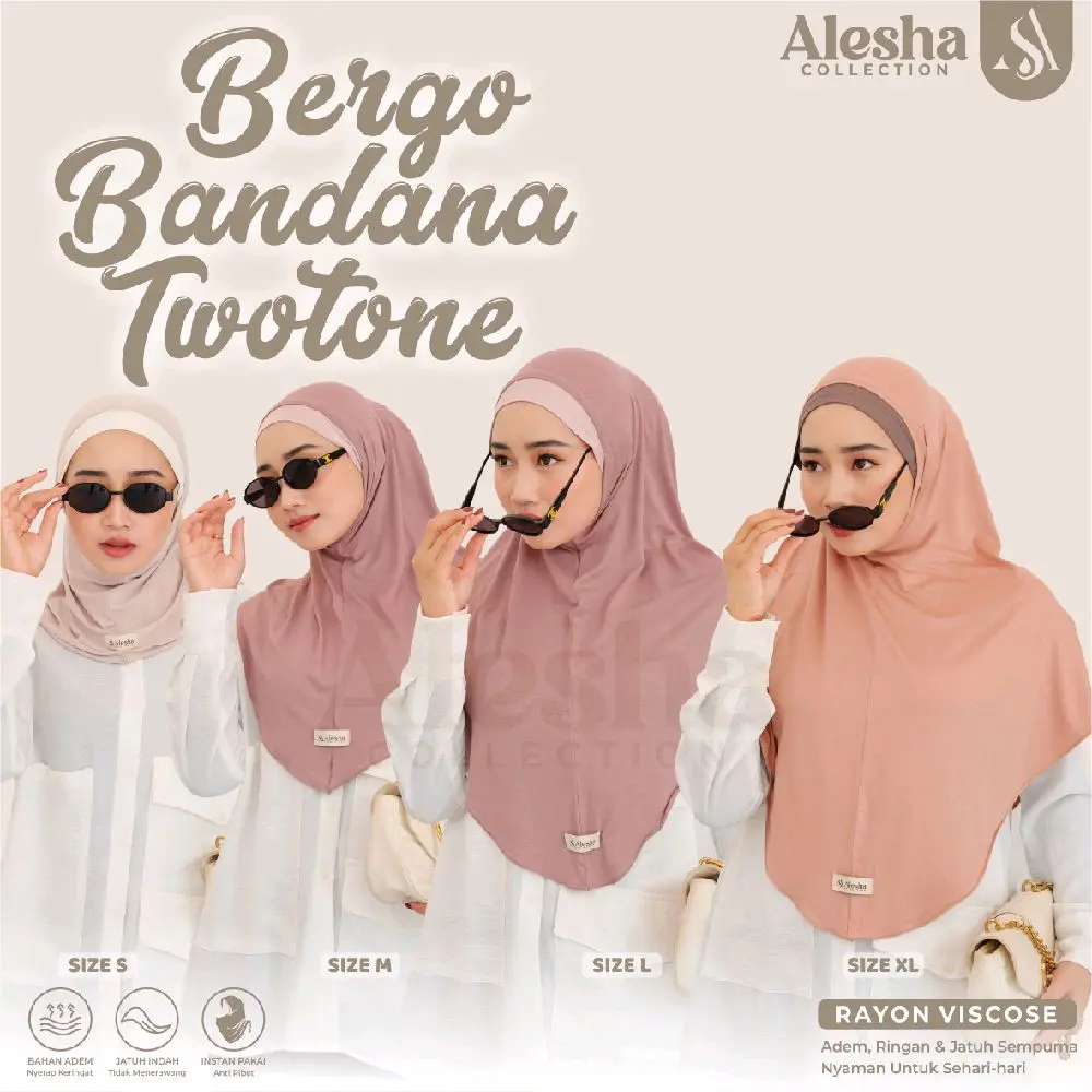 Alsha Bergo Kalea Two-Tone Bandana Hijab, Viscose Rayon, Sizes S/M/L/XL