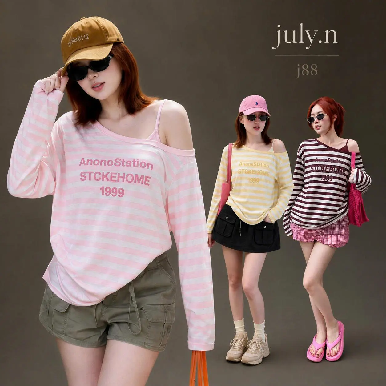 [Launch Deal] July.N Women's Striped Off-Shoulder Long-Sleeve Top, Korean Style