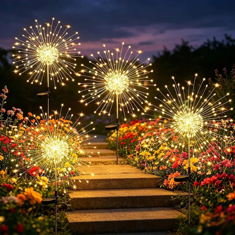 2 Piezas Luces Solares Tipo Fuegos Artificiales, 200 LED por Unidad, Luz Blanco Cálido, Impermeables para Exterior, Decoración de Jardín, Patio, Césped, Navidad